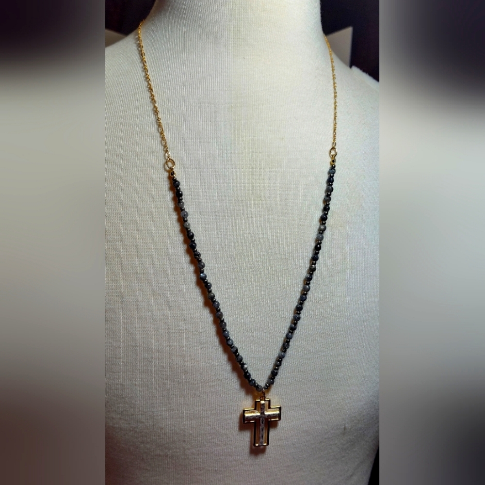 Long Gold and Silver Cross Black Beaded Necklace Winter Sweater Perfect NWOT